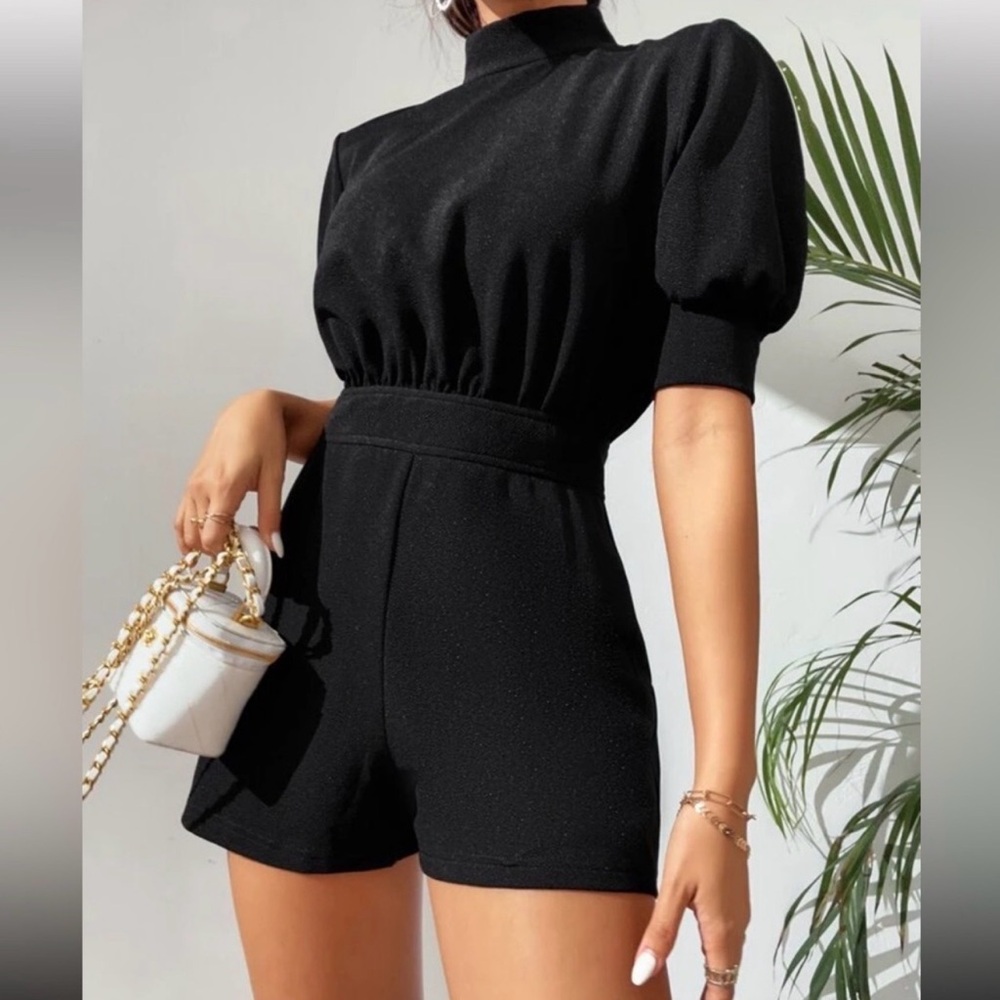 NEW Petite Black Puff Sleeve Romper Keyhole Back Dressy XS